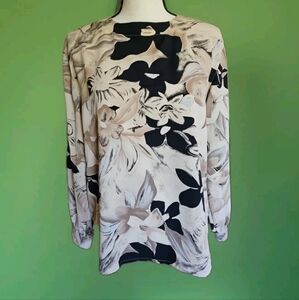 Alfred Dunner Cream and Black Floral Long Sleeve Blouse